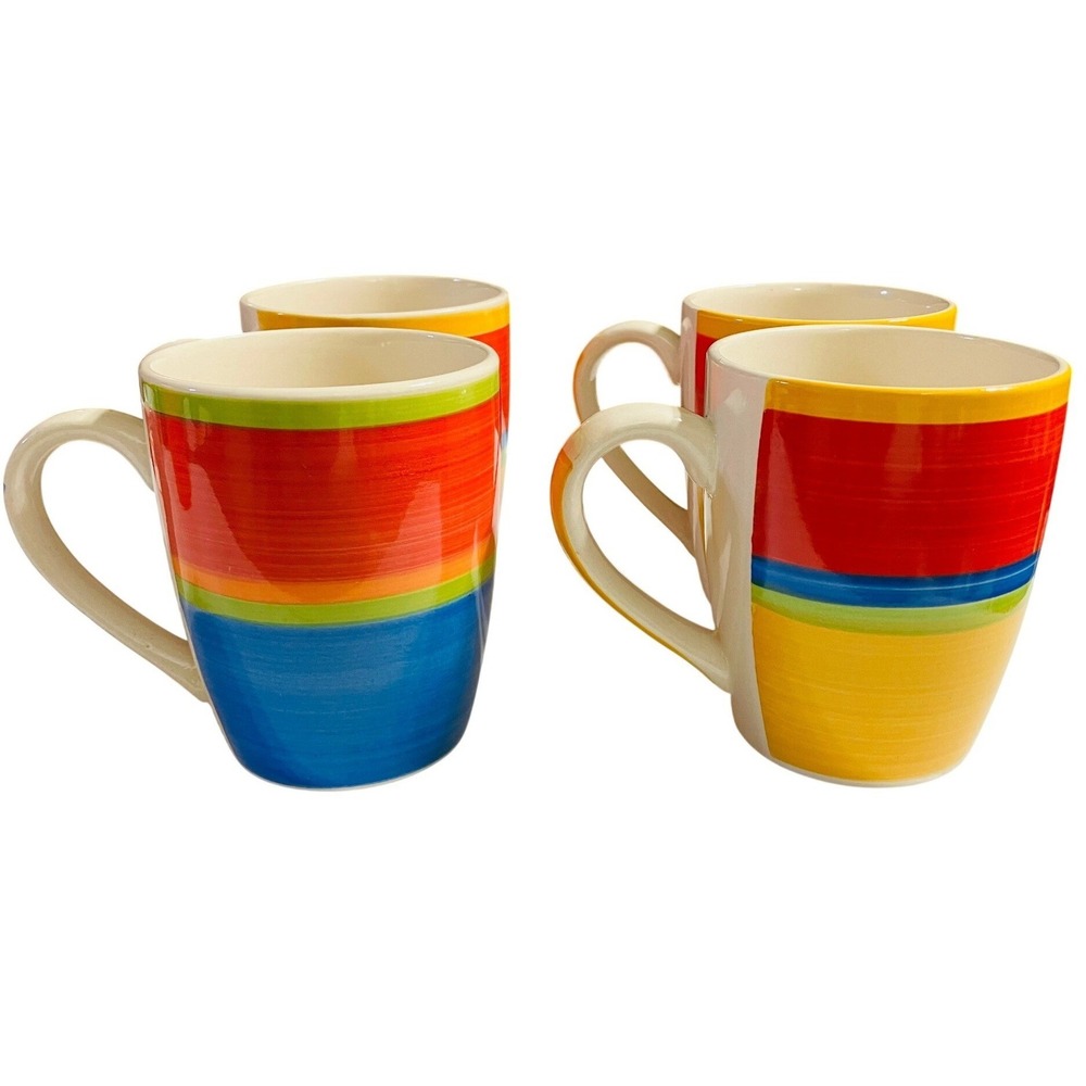 Royal Norfolk Striped Mugs Set of 4 Multicolor Excellent Stoneware Rainbow